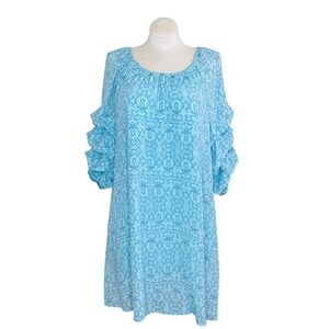 Indigo Rose Womens 2X Blue Damask Print Ruffle Tiered Sleeve Shift Dress Boho